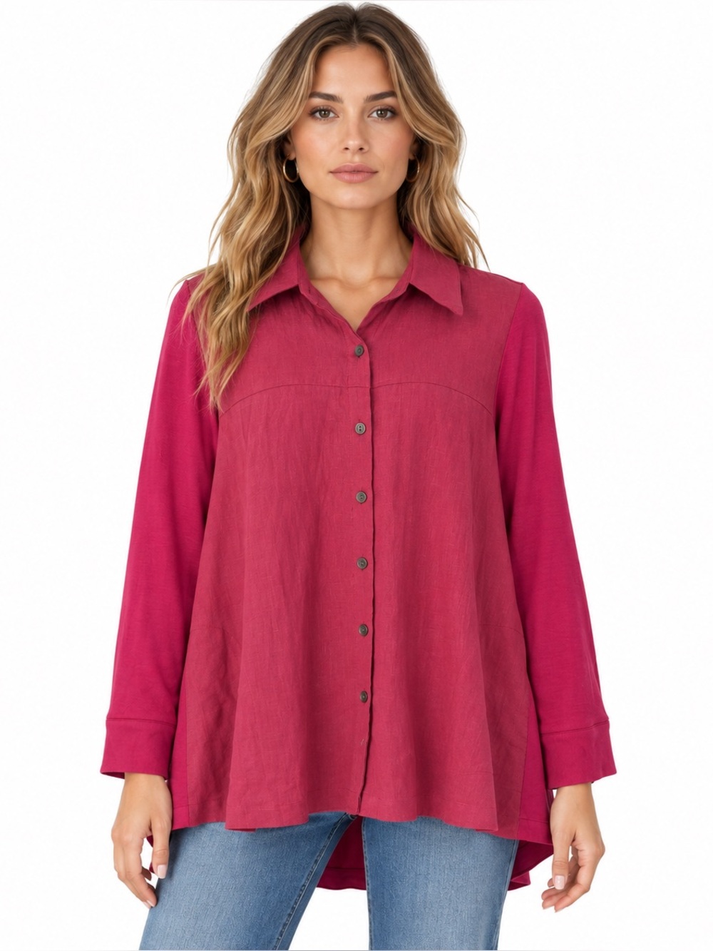 Lisa Bayne Magenta Linen Bamboo Mixed Media Button Down Tunic Top Size Medium